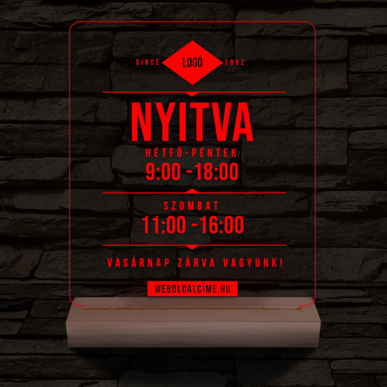 Nyitvatartás számokkal (weboldalcím+cég logó) 20 cm fa talppal 7 színű 3D led lámpa