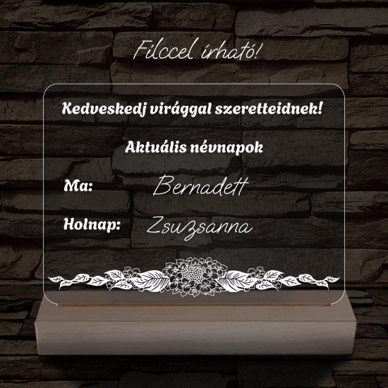 Virágbolt névnap írható tábla 20 cm fa talppal 7 színű 3D led lámpa