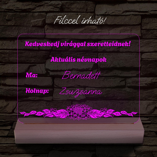 Virágbolt névnap írható tábla 20 cm fa talppal 7 színű 3D led lámpa