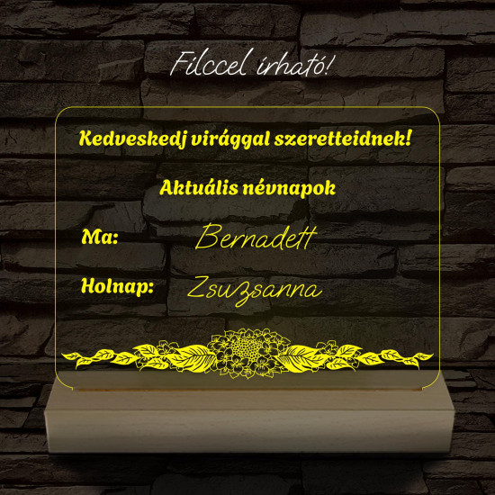 Virágbolt névnap írható tábla 20 cm fa talppal 7 színű 3D led lámpa