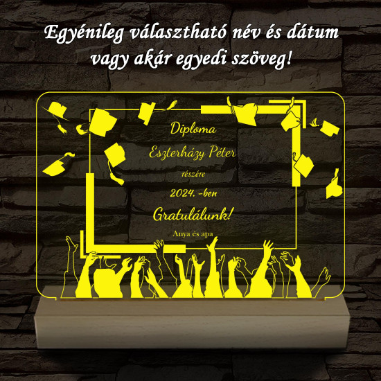 Kalapfeldobós diplomaosztó személyre szabott fa talppal 7 színű 3D led lámpa