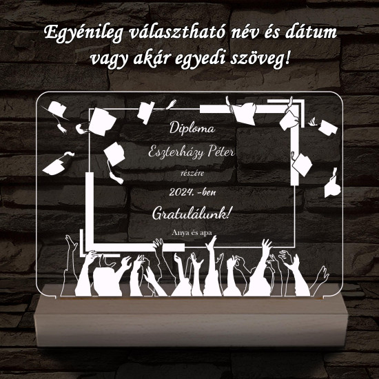 Kalapfeldobós diplomaosztó személyre szabott fa talppal 7 színű 3D led lámpa