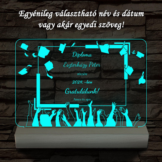 Kalapfeldobós diplomaosztó személyre szabott fa talppal 7 színű 3D led lámpa