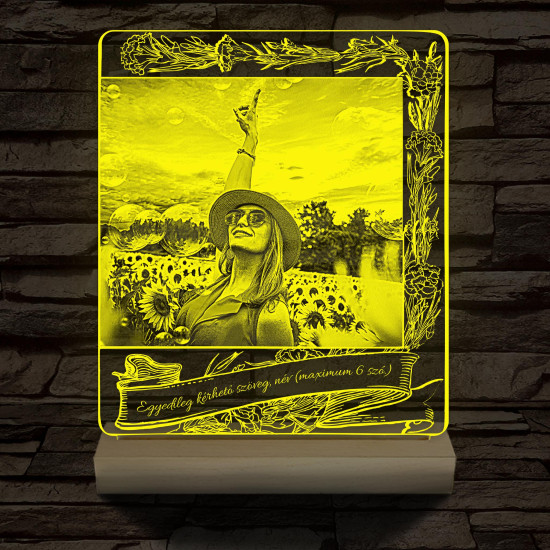 Egyedi fotógravírozás egyedi szöveggel, virágos kerettel fatalppal 7 színű 3D led lámpa