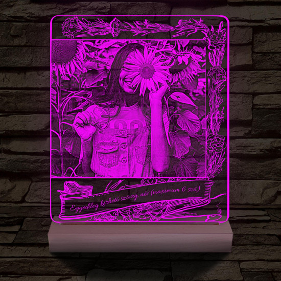 Egyedi fotógravírozás egyedi szöveggel, virágos kerettel fatalppal 7 színű 3D led lámpa