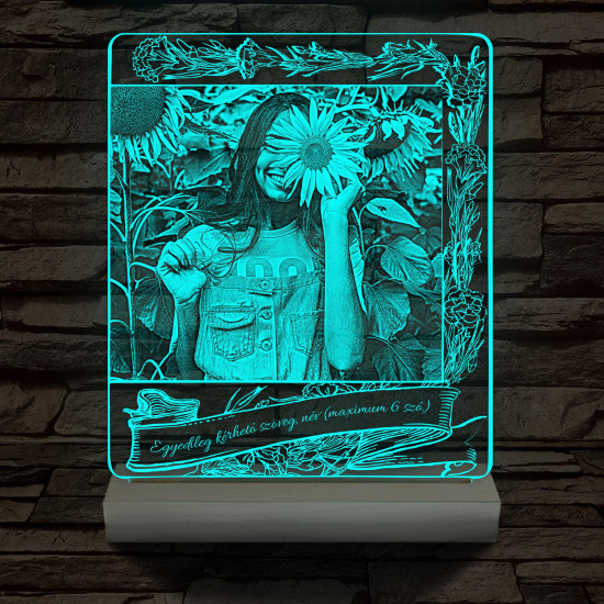 Egyedi fotógravírozás egyedi szöveggel, virágos kerettel fatalppal 7 színű 3D led lámpa