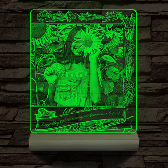Egyedi fotógravírozás egyedi szöveggel, virágos kerettel fatalppal 7 színű 3D led lámpa