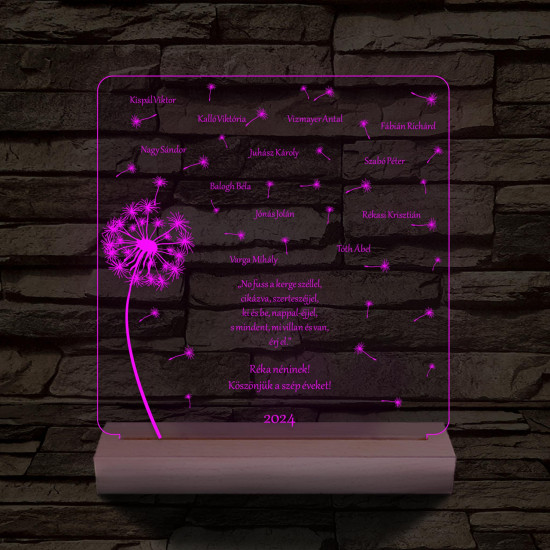 Pitypangos osztálytábla személyre szabott fa talppal 7 színű 3D led lámpa