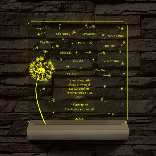 Pitypangos osztálytábla személyre szabott fa talppal 7 színű 3D led lámpa