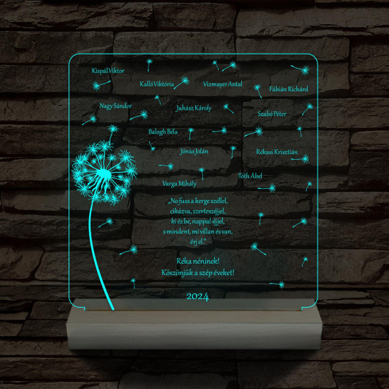 Pitypangos osztálytábla személyre szabott fa talppal 7 színű 3D led lámpa