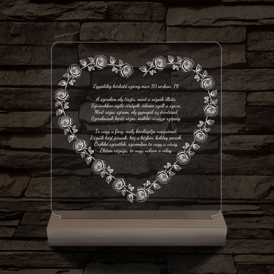 Szív alakú rózsás egyedi idézet fa talp 7 színű 3D led lámpa