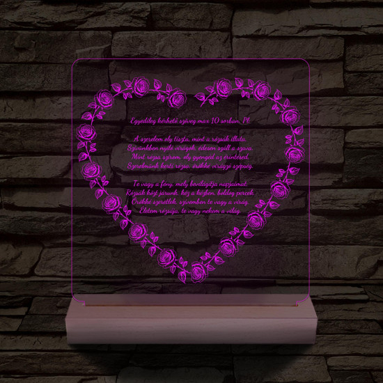 Szív alakú rózsás egyedi idézet fa talp 7 színű 3D led lámpa