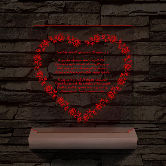 Szív alakú rózsás egyedi idézet fa talp 7 színű 3D led lámpa