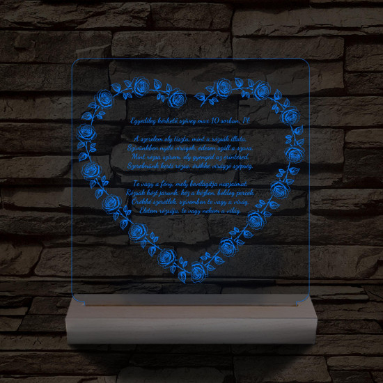 Szív alakú rózsás egyedi idézet fa talp 7 színű 3D led lámpa