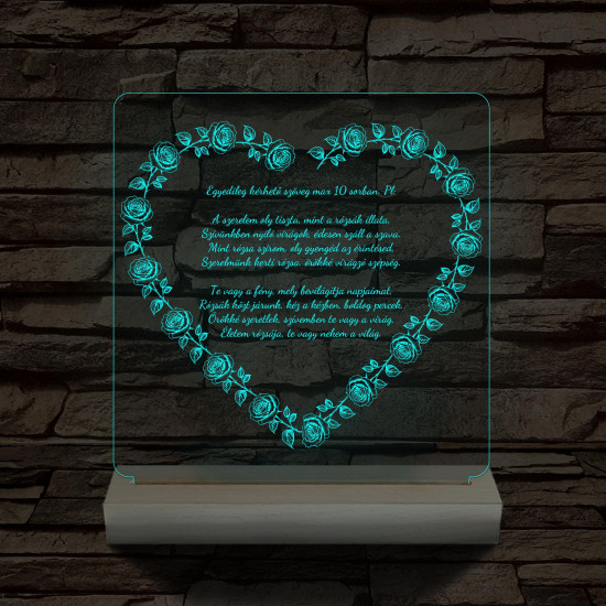 Szív alakú rózsás egyedi idézet fa talp 7 színű 3D led lámpa