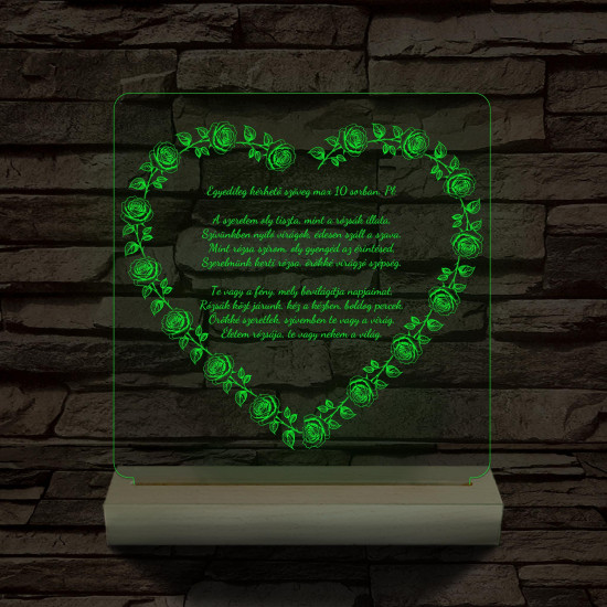 Szív alakú rózsás egyedi idézet fa talp 7 színű 3D led lámpa