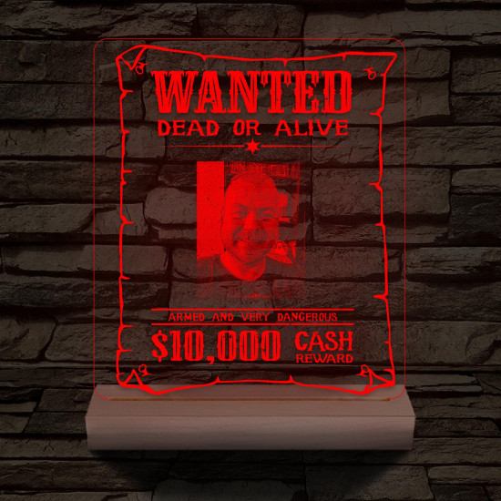 Körözési plakát egyedi fotóval személyre szabott választható méretű fatalppal 7 színű 3D led lámpa