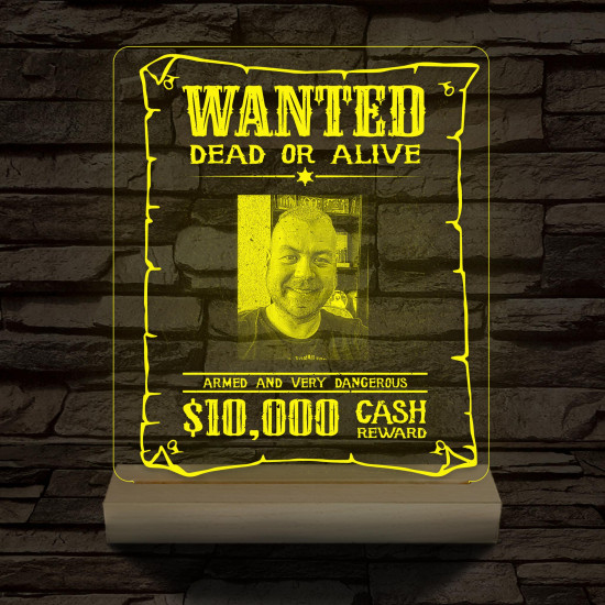 Körözési plakát egyedi fotóval személyre szabott választható méretű fatalppal 7 színű 3D led lámpa