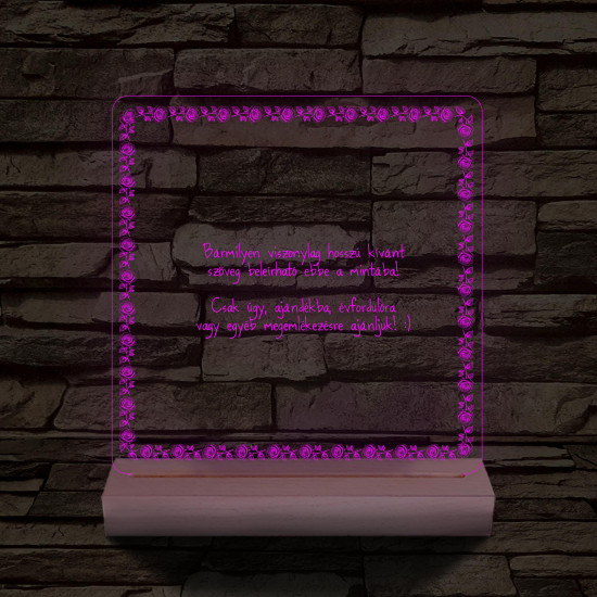 Rózsakeretes szövegbeírós grafika fa talppal 7 színű 3D led lámpa