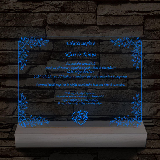 Esküvői meghívó választható dekorációs mintával és szöveggel fatalp 7 színű 3D led lámpa