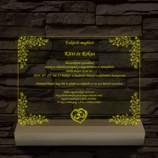 Esküvői meghívó választható dekorációs mintával és szöveggel fatalp 7 színű 3D led lámpa