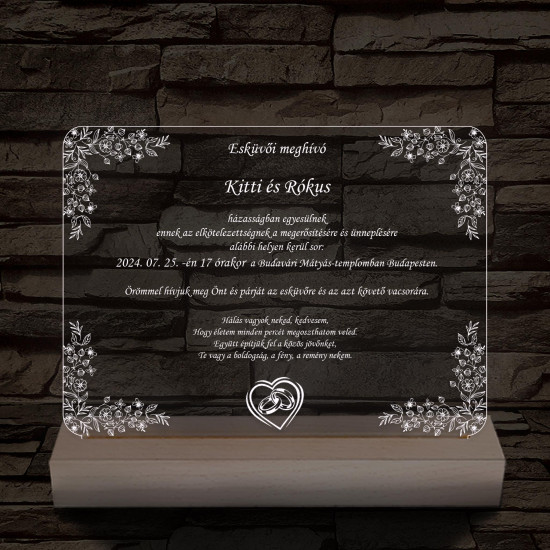 Esküvői meghívó választható dekorációs mintával és szöveggel fatalp 7 színű 3D led lámpa