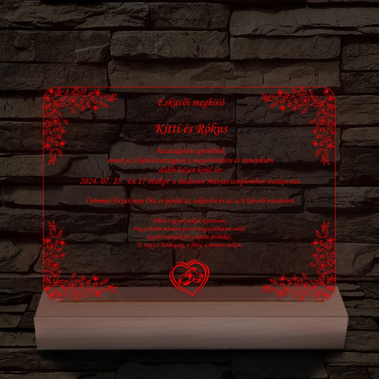 Esküvői meghívó választható dekorációs mintával és szöveggel fatalp 7 színű 3D led lámpa