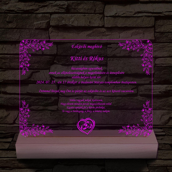 Esküvői meghívó választható dekorációs mintával és szöveggel fatalp 7 színű 3D led lámpa