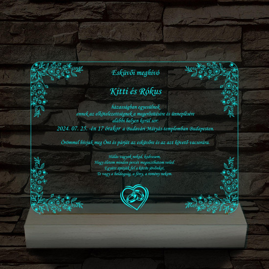 Esküvői meghívó választható dekorációs mintával és szöveggel fatalp 7 színű 3D led lámpa