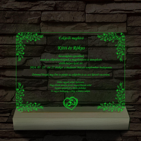 Esküvői meghívó választható dekorációs mintával és szöveggel fatalp 7 színű 3D led lámpa