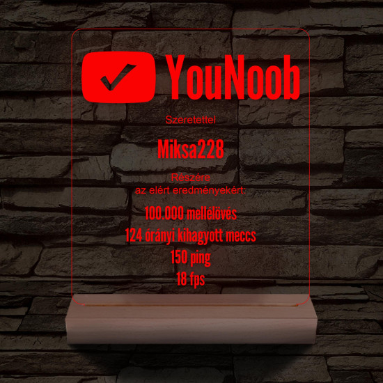 YouNoob emlékplakett személyre szabott fa talppal 7 színű 3D led lámpa