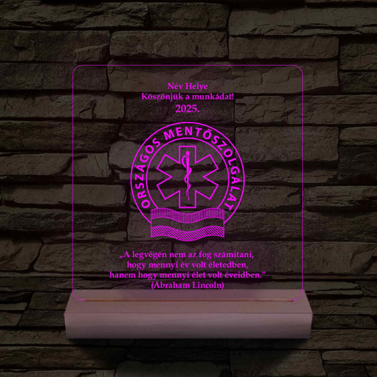Országos Mentőszolgálat hasáb alakú fa talppal 7 színű 3D led lámpa