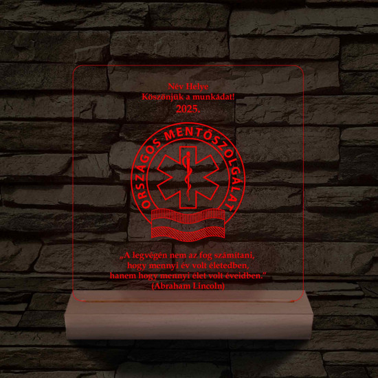 Országos Mentőszolgálat hasáb alakú fa talppal 7 színű 3D led lámpa