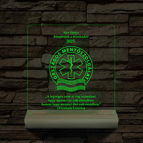 Országos Mentőszolgálat hasáb alakú fa talppal 7 színű 3D led lámpa