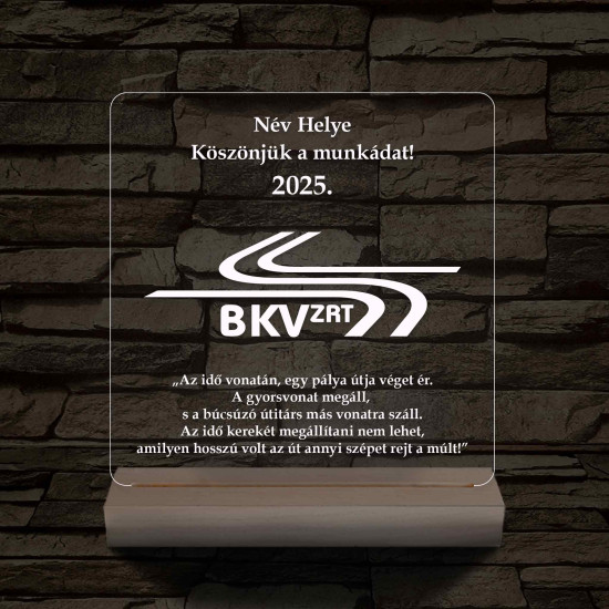BKV Emléklámpa 3D LED – Egyedi Gravírozás Fa Talppal, 7 Színű Világítással – Tökéletes Ajándék BKV Rajongóknak és Dolgozóknak