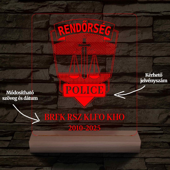 Rendőrségi emléklámpa  3D LED 7 Színűben világító Fatalppal