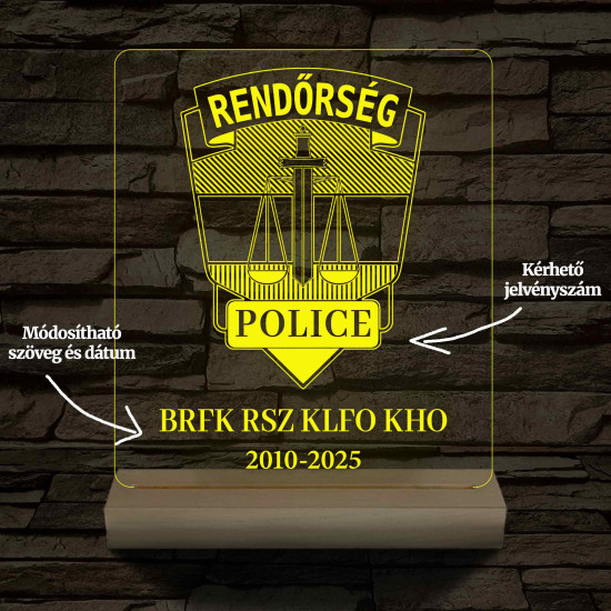 Rendőrségi emléklámpa  3D LED 7 Színűben világító Fatalppal
