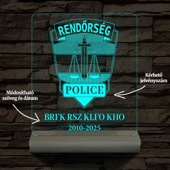 Rendőrségi emléklámpa  3D LED 7 Színűben világító Fatalppal