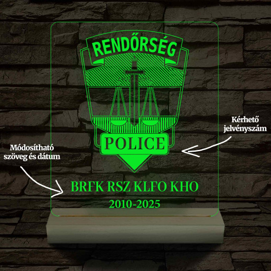 Rendőrségi emléklámpa  3D LED 7 Színűben világító Fatalppal