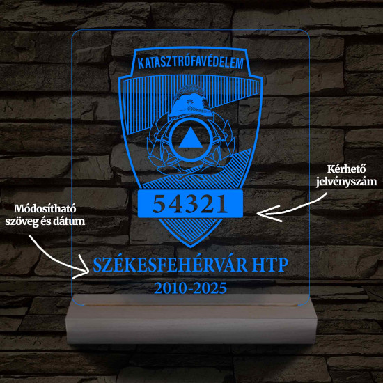 Tűzoltósági emléklámpa  3D LED 7 Színűben világító Fatalppal