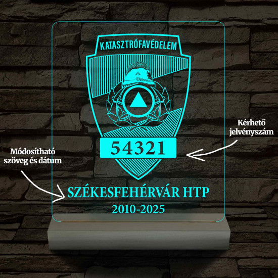 Tűzoltósági emléklámpa  3D LED 7 Színűben világító Fatalppal