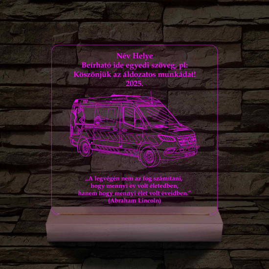 Országos Mentőszolgálat mentőautós fa talppal 7 színű 3D led lámpa