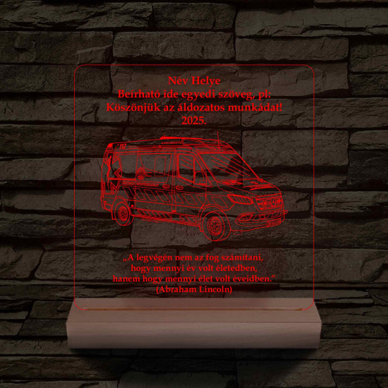 Országos Mentőszolgálat mentőautós fa talppal 7 színű 3D led lámpa
