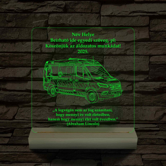 Országos Mentőszolgálat mentőautós fa talppal 7 színű 3D led lámpa
