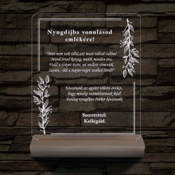 Nyugdíjazási Emléklámpa Személyre Szabott Szöveggel 3D LED 7 Színű Fa Talppal 