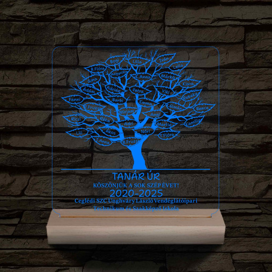 Leveles osztályfa fatalppal 7 színű 3D led lámpa