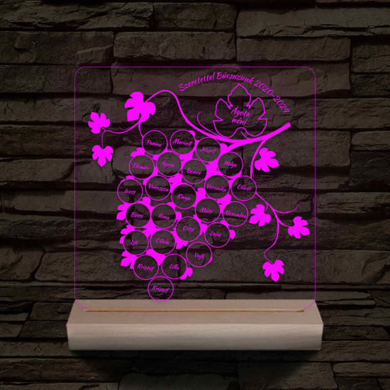 Szőlőfürtös osztálytábla személyre szabott fa talppal 7 színű 3D led lámpa