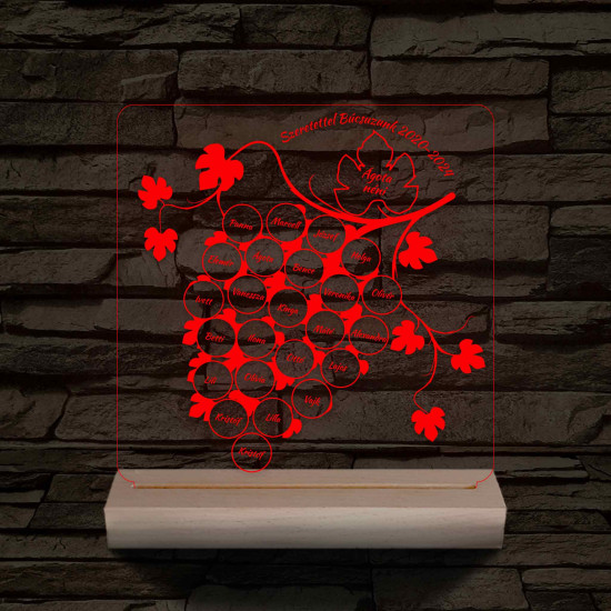 Szőlőfürtös osztálytábla személyre szabott fa talppal 7 színű 3D led lámpa