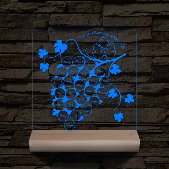 Szőlőfürtös osztálytábla személyre szabott fa talppal 7 színű 3D led lámpa