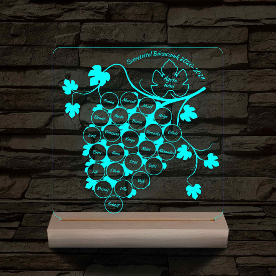 Szőlőfürtös osztálytábla személyre szabott fa talppal 7 színű 3D led lámpa